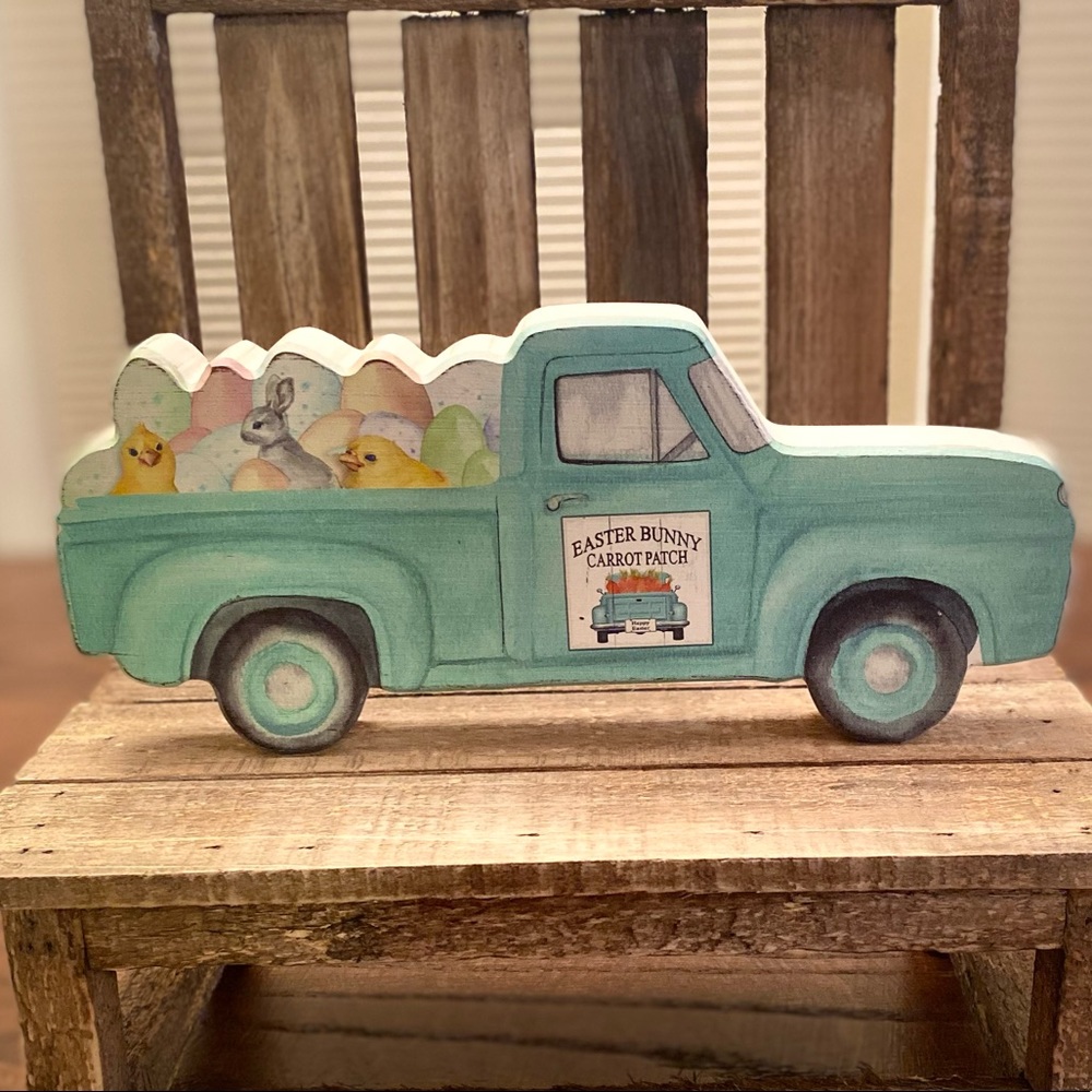 Easter Decor, Vintage Farmhouse Truck With Easter Eggs, Chicks & Bunny Rabbits